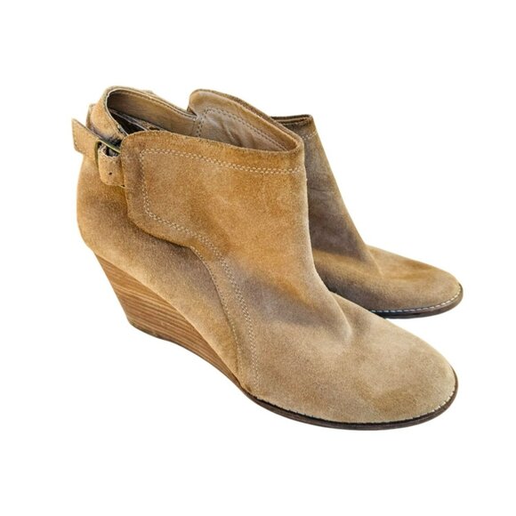 Lucky Brand ‘Yasine’ Suede Wedge Slip On Buckle Ankle Bootie Tan/Camel 10 Boho - Picture 2 of 13